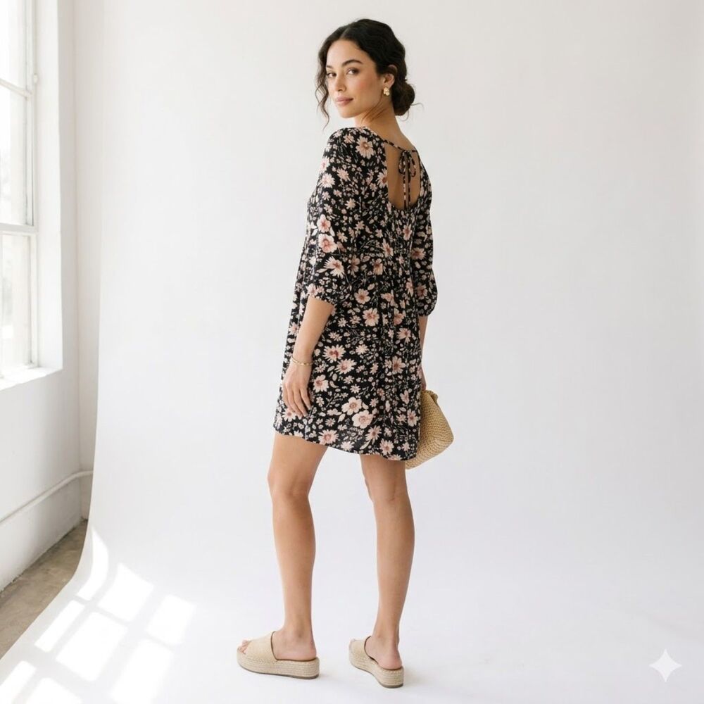 American Eagle Black Floral Babydoll Dress Medium Puff Sleeve Square Neck